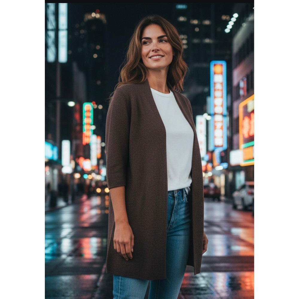 Eileen Fisher Small Cardigan Brown Ribbed Silk Blend Elbow Sleeve #1077